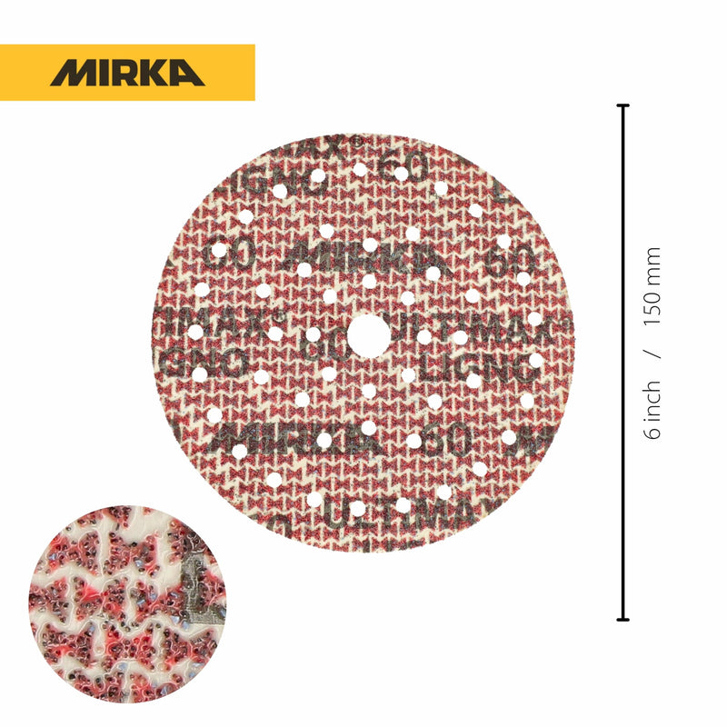 Mirka Ultimax Ligno Ø 150mm Sanding Discs Hook and Loop Multifit / Grit 60 / 50 Pieces / Multi-punched / for sanding wood surfaces | Multi-punched for efficient dust extraction, durable, ideal for sanding wood surfaces, grit 60, pack of 50