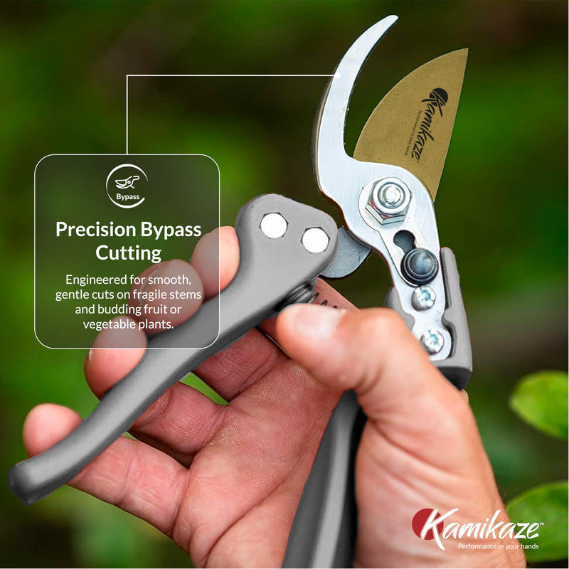 KAMIKAZE Heavy-Duty Professional Pruning Shears for Gardening, Ergonomic Comfort Handle, SK5 High-Carbon Steel Bypass Blade, Cuts Branches Up to 1 Inch, Garden Clippers for Tree and Shrub Trimming Medium Handle Bypass