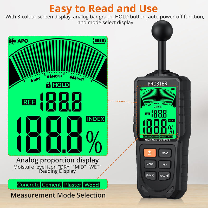 [Australia - AusPower] - Proster Moisture Meter - Wall Rechargeable Moisture Meter for Walls Wall Moisture Meter Masonry with 3-Color LCD,5 Modes Building Moisture Meter 5-40mm Analysis Depth 