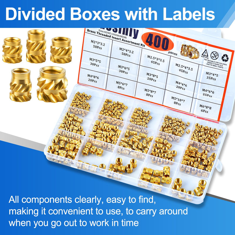 [Australia - AusPower] - 400Pcs Brass Knurled Threaded Embedment Nuts M2 M2.5 M3 M4 M5 M6, Embed Parts for Plastic and DIY 3D Printing Components, Female Thread Metric Knurled Nuts Assortment Kit 