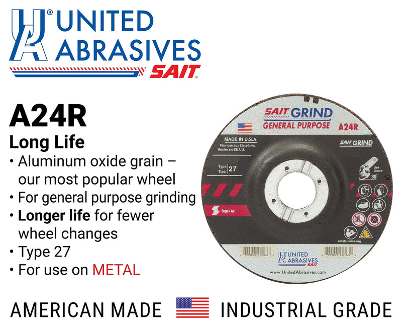 [Australia - AusPower] - United Abrasives-SAIT 20063 A24R General Purpose/Long Life Grinding Wheel (Type 27/Depressed Center) 4 1/2" x 1/4" x 7/8", 25-Pack 