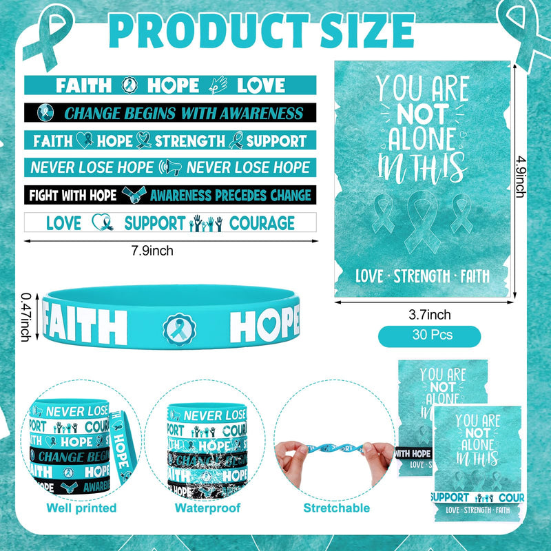 [Australia - AusPower] - 30 Sets/ 60 Pcs Teal Ribbon Awareness Silicone Wristbands with Cards Include 30 PTSD Awareness Wristband 30 You Are Not Alone Card for PTSD Assault Anxiety Disorder Ovarian Cancer Awareness 