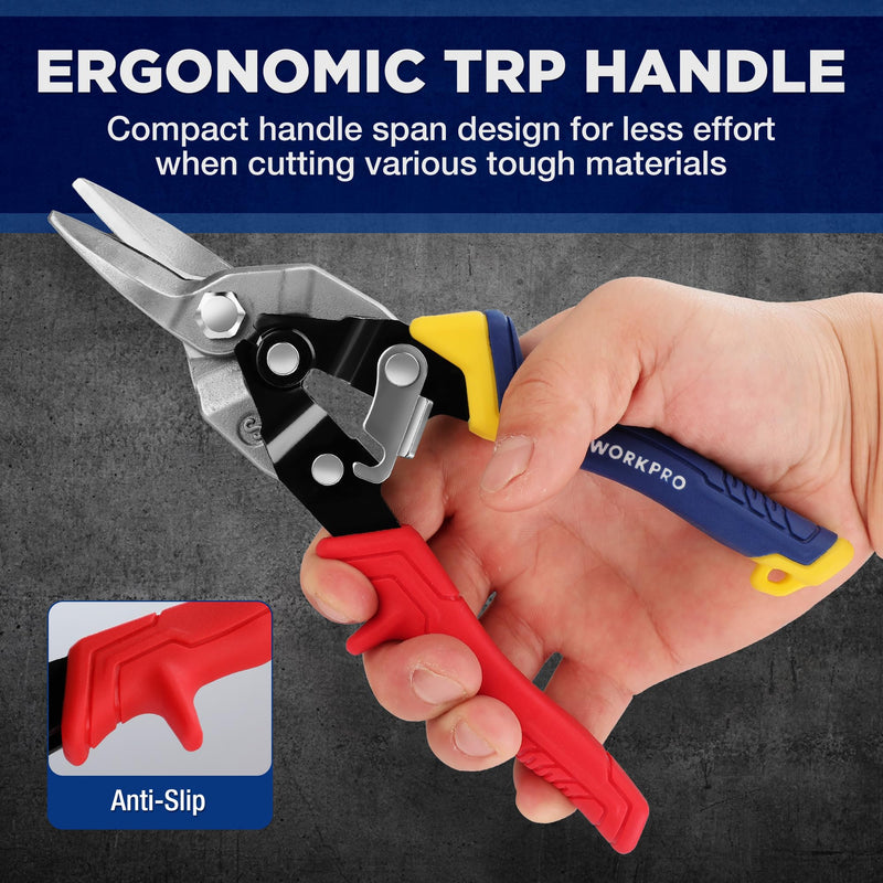 [Australia - AusPower] - WORKPRO 8 Inch Aviation Snips, Straight Cut, Heavy Duty Metal Cutter with Safety Latch and Non-slip Handle, Cr-V Steel Sharp Teeth, Aviation Snips for Cutting Metal Sheet 
