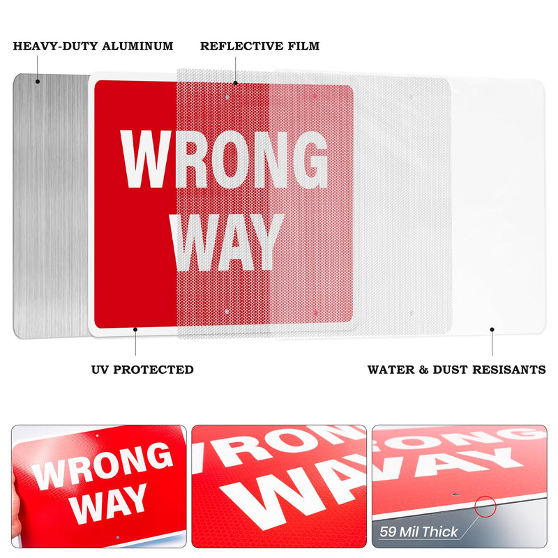 2 Pack Wrong Way Signs 18 x 12 Inch Reflective Aluminum Traffic Signs Rust-Free Weatherproof Wrong Way Signage for Highway Off-Ramps One-Way Streets Parking Lots Warehouses