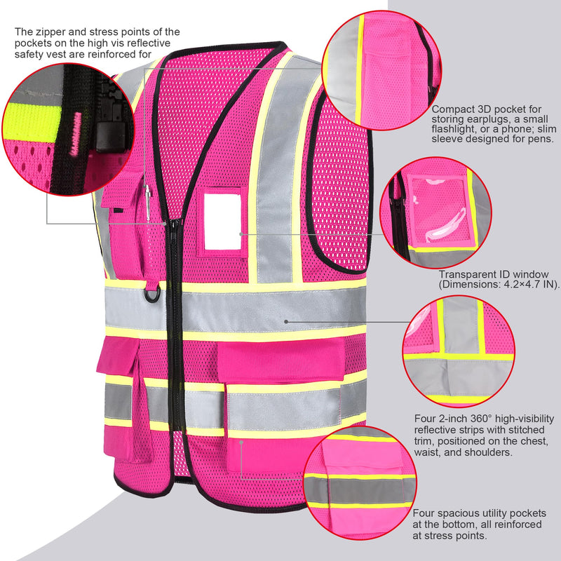 A-SAFETY Mesh High Vis Vest Lightweight Reflective Construction Vest with Pockets Safety Vest for Men/Women Pink Medium