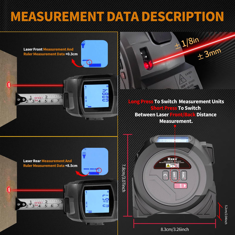 Laser Tape Measure 3 in 1 Laser Rangefinder Tape Measure Grey