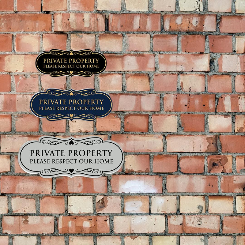 Designer Private Property Please Respect Our Home Sign (Black Gold) - Large 2 Pack 3.5 x 9" - Large (2 Pack) Black Gold