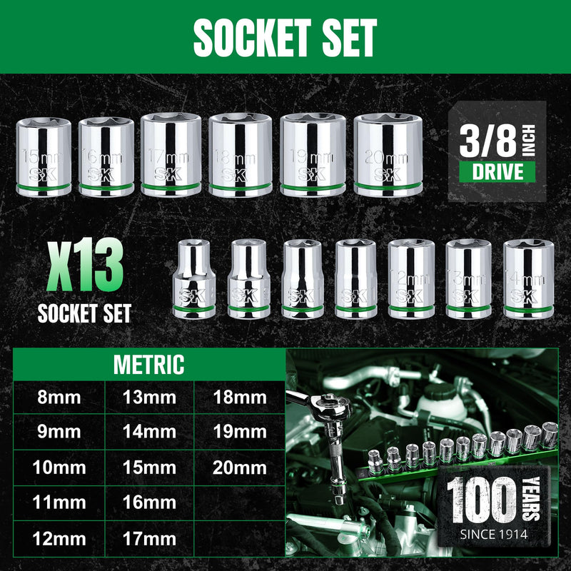 SK 3/8" Drive Socket Set, Metric Sockets, 13-Piece 8-20mm, SuperKrome Finish, Premium CR-V Construction, with Aluminum Socket Organizer Shallow
