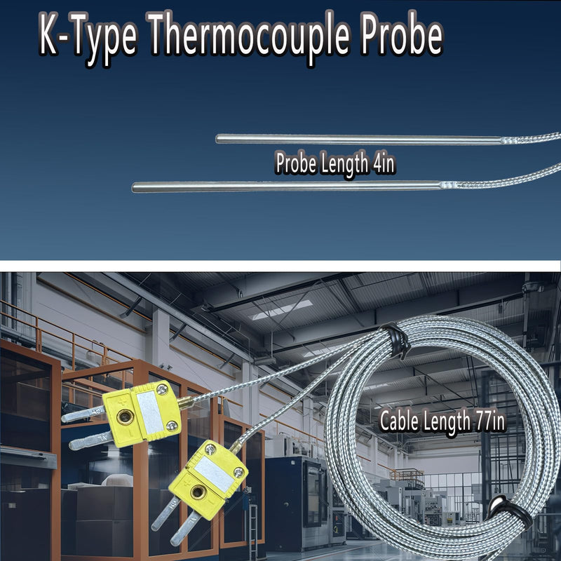 [Australia - AusPower] - 2-Pack TCE-K02H3-100 Furnace K-Type thermocouple Probe 77 ° F to 1112 ° F Probe 0.1in-3.6in Cable 79in 