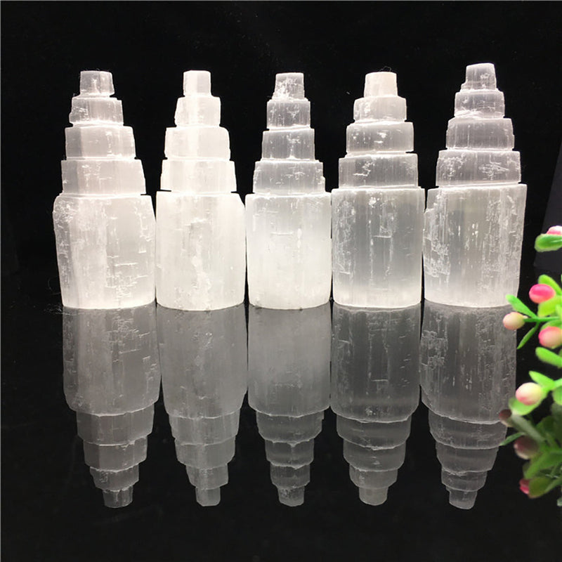 Natural Selenite Crystal Selenium Skyscraper Tower Carving Statue Home Decoration Stone Gypsum Tower for Home Decor Ornaments (15cm-1pcs) 15cm-1pcs