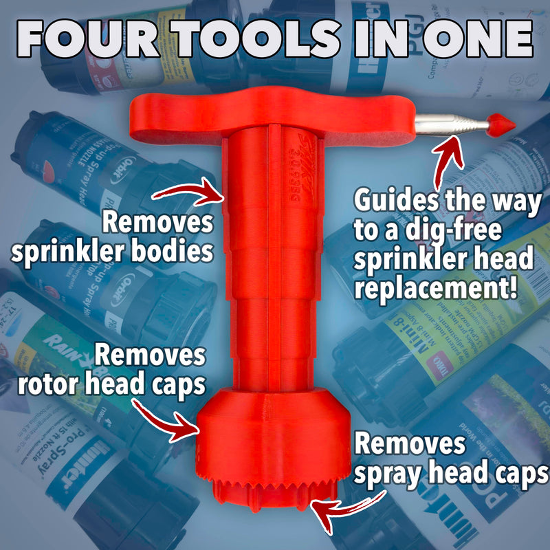[Australia - AusPower] - Sprinkler Head Removal Tool 4-in-1, Replace Your Sprinklers Without Digging in Under 2 Minutes, Most Brands Rainbird Toro Orbit Hunter K-Rain, Upgraded Tool Made in USA, Rust-Proof Sprinkler Shirt 