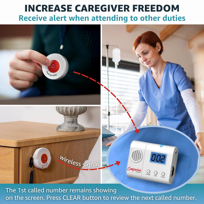 Caregiver Pager Wireless Call Buttons for Elderly at Home for Seniors Adults Patients Nurse Call Light System Alert Button Alarm Emergency with Review Feature 4 Call Buttons + 1 Receiver