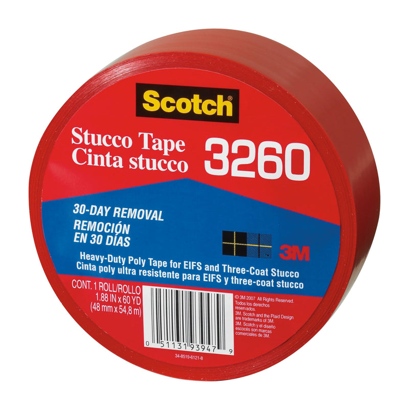 Scotch Stucco Tape, 1.88 in x 60yd, 30 Day Clean Removal, Heavy-Duty Outdoor Stucco Tape, UV & Moisture Resistant, Water Resistant Poly Backing, 1 Roll, Red (3260-A)