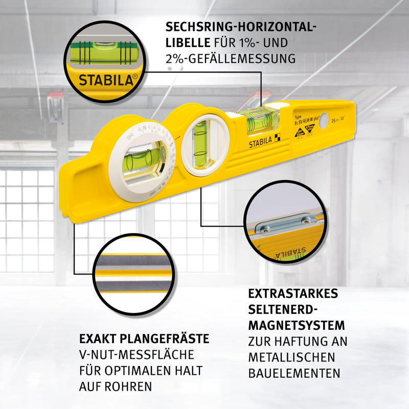 STABILA Magnetic Spirit Level Type 81 SV REM W360 Torpedo with Bag, 25 cm, Cast Aluminum Profile, Rare Earth Magnetic System, 1 Six-Ring Horizontal/1 Vertical/1 Angle Level Made in Germany With magnet, belt bag and 360° angle level