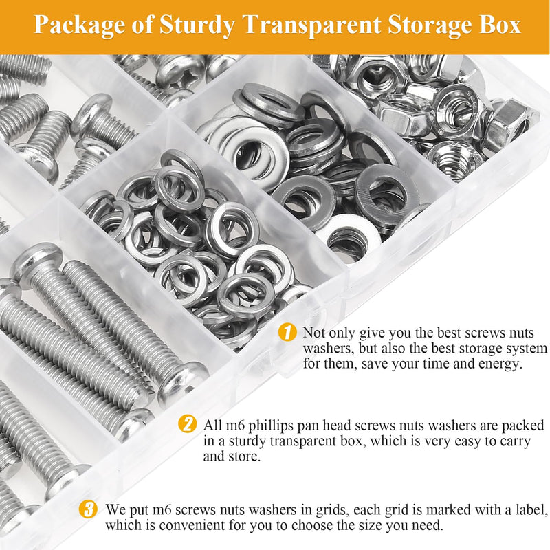 [Australia - AusPower] - 129 Pieces M6 Machine Screws Nuts Washers Set, Sutemribor M6 x 8/10/12/16/20/25/30mm Phillips Pan Head Machine Screws Nuts Washers Assortment Kit, 304 Stainless Steel, Fully Threaded 