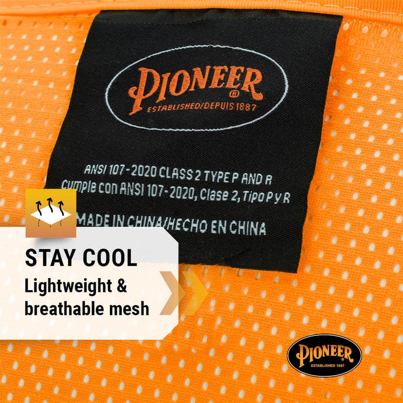 Pioneer Hi Vis Mesh Safety Vest for Men & Women - Reflective Tape - Class 2 - Traffic, Public Safety, Security - Orange
