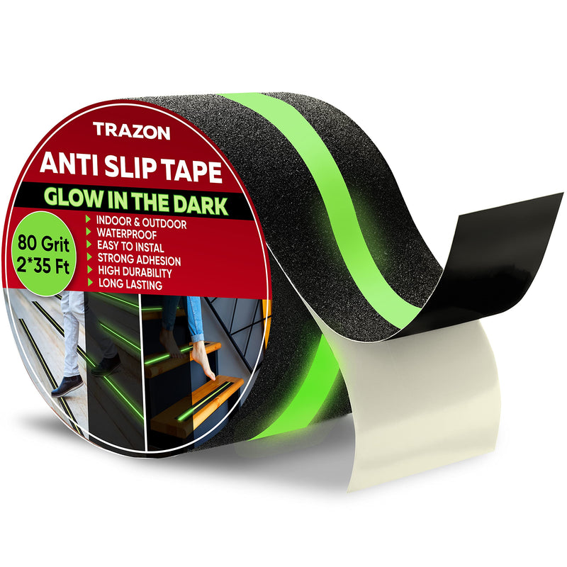 Grip Tape - Heavy Duty Anti Slip Tape for Stairs Outdoor/Indoor Waterproof Safety Non Skid Roll for Stair Steps Traction Tread Staircase Grips (2 Inch x 35 Feet, Black with Glow in The Dark Strips) 2 Inch x 35 Feet
