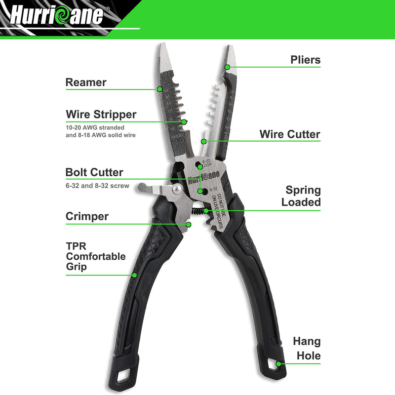 [Australia - AusPower] - HURRICANE 6-in-1 Wire Stripper Tool, Wire Strippers, Crimping Tool, Wire Cutter Stripping Tool, Multifunctional Electrical Pliers for Cable Stripper, Wire Crimper(8-18 AWG Solid, 10-20 AWG Stranded) VX-8WYW-MRM3 