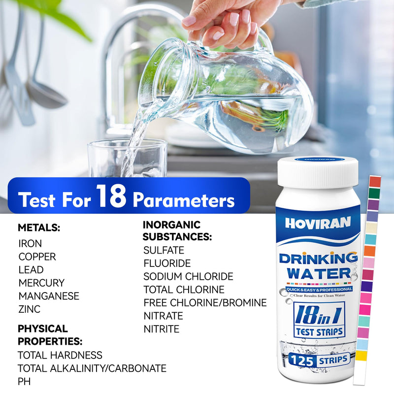 125 ct Drinking Water Test Strips - Home, Well Water Testing Kit for Lead, Hardness, Iron, Copper, Heavy Metals, Chlorine, Nitrate Blue