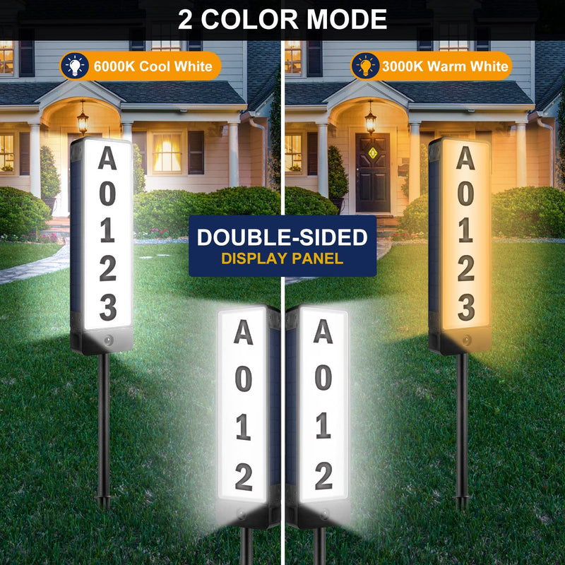 T-SUN Solar Address Signs for Yard Vertical LED House Numbers for Outside - IP65 Waterproof Warm/Cold White Outdoor House Plaque for Yard - Illuminated Lighted Address Markers Driveway Home Street Ground Mount 3000K/6000K