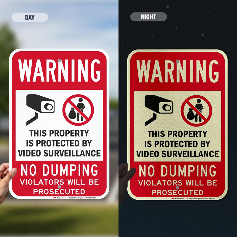 SmartSign 18 x 12 inch “Warning - No Dumping, Property Protected By Video Surveillance” Metal Sign, 63 mil Aluminum, 3M Laminated Engineer Grade Reflective Material, Red, Black and White, USA-Made 12" x 18" EG Reflective Aluminum
