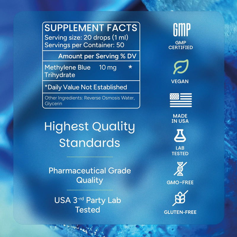 Methylene Blue Drops for Humans 1% USP Pharmaceutical Grade | Methylene Blue Supplement for Focus & Cellular Energy | Formaldehyde & Alcohol Free, Third-Party Tested, Made in USA, 50ml | Harmonex