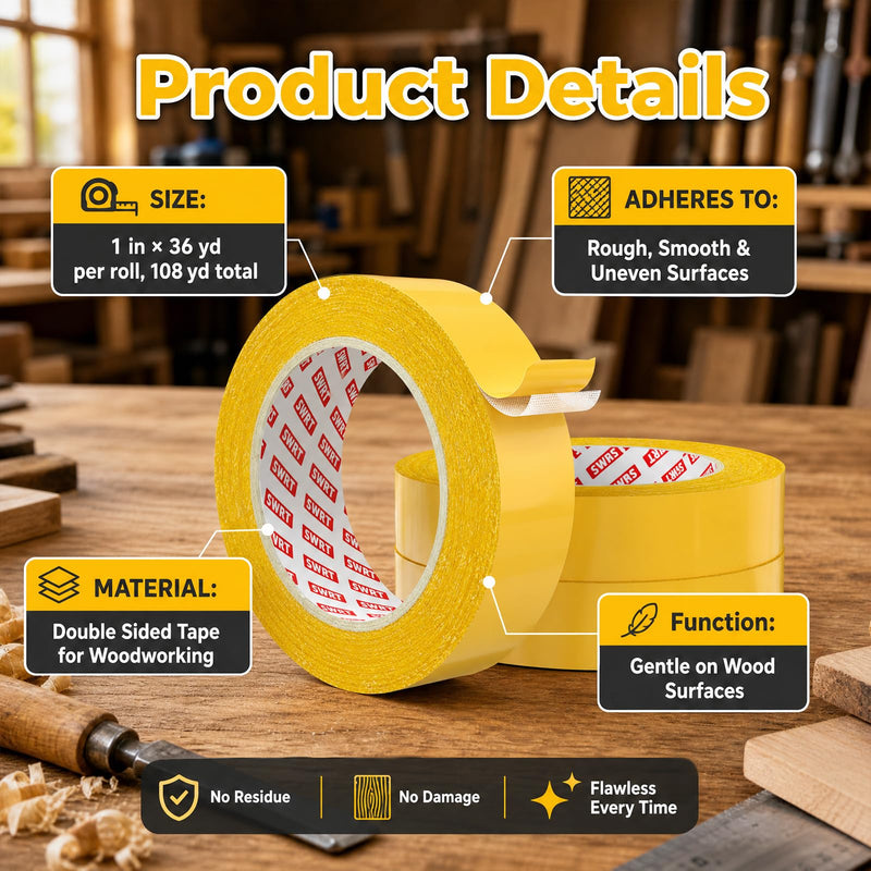 SWRT Double Sided Woodworking Tape 1 Inch x 108 FT, 3 Rolls, Removable Adhesive for Holding Wood Templates, Mounting Boards, MDF Edge Banding, Routing, and Anchoring, Clean Removal No Residue