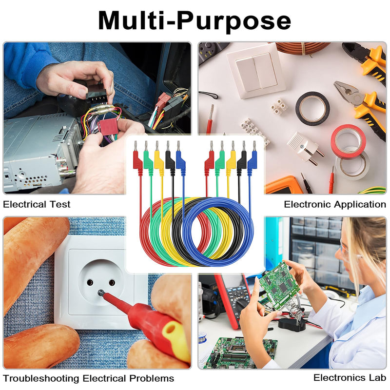 [Australia - AusPower] - Sumnacon 5Pcs Banana to Banana Plug Test Lead, 4mm Stackable Banana Plug Wire Test Cable Lead for Multimeter, Electrical Test Wire 1000V/15A 9.8 Ft/3M 
