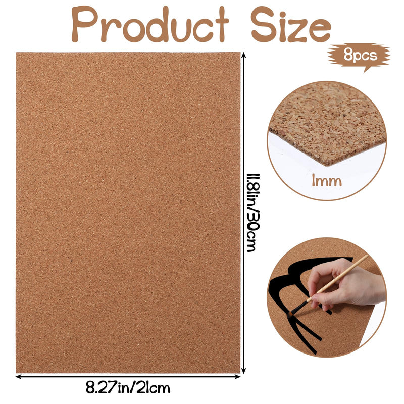 8 PCS Cork Sheets, 11.81×8.27×0.04in Adhesive Thin Cork 1mm Self-Adhesive Sheet Pack for Crafts DIY Coasters Wall Decoration Insulation Custom Projects Wedding Party