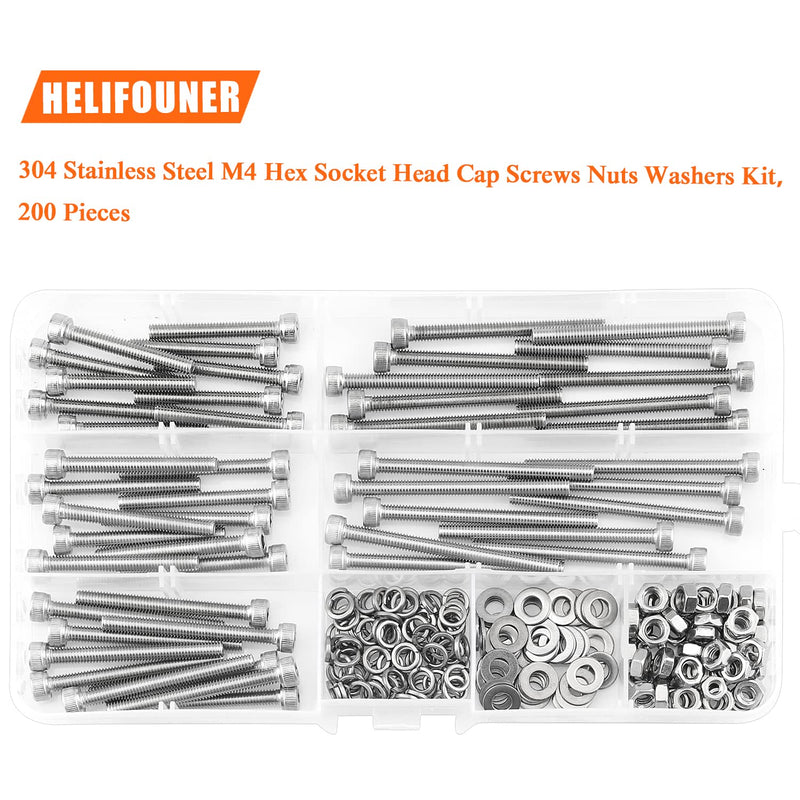 [Australia - AusPower] - 200 Pieces M4 x 30mm /35mm /40mm /45mm /50mm, Hex Socket Head Cap Metric Screws Bolts Washers Nuts Kit, 304 Stainless Steel M4 x 30/35/40/45/50mm 