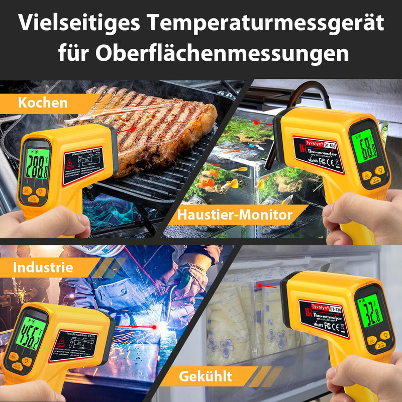 Infrared Thermometer Non-Contact Laser Temperature Meter -50℃~530℃ | Digital Infrared Laser Thermometer for Cooking, Grill, Fridge, Air Conditioning, Car & Industry, Adjustable Emissivity yellow