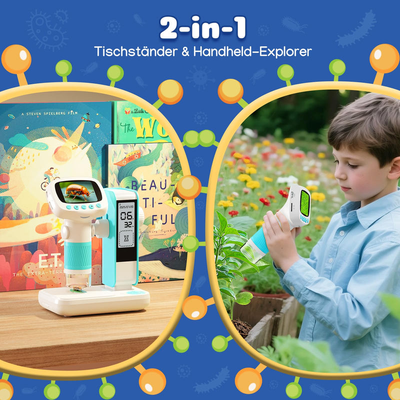 Leipan Portable Children's Microscope with 2 Inch IPS Screen | Digital microscope for children, USB microscope, photo and video recording, magnifying glass toy from 3 years blue