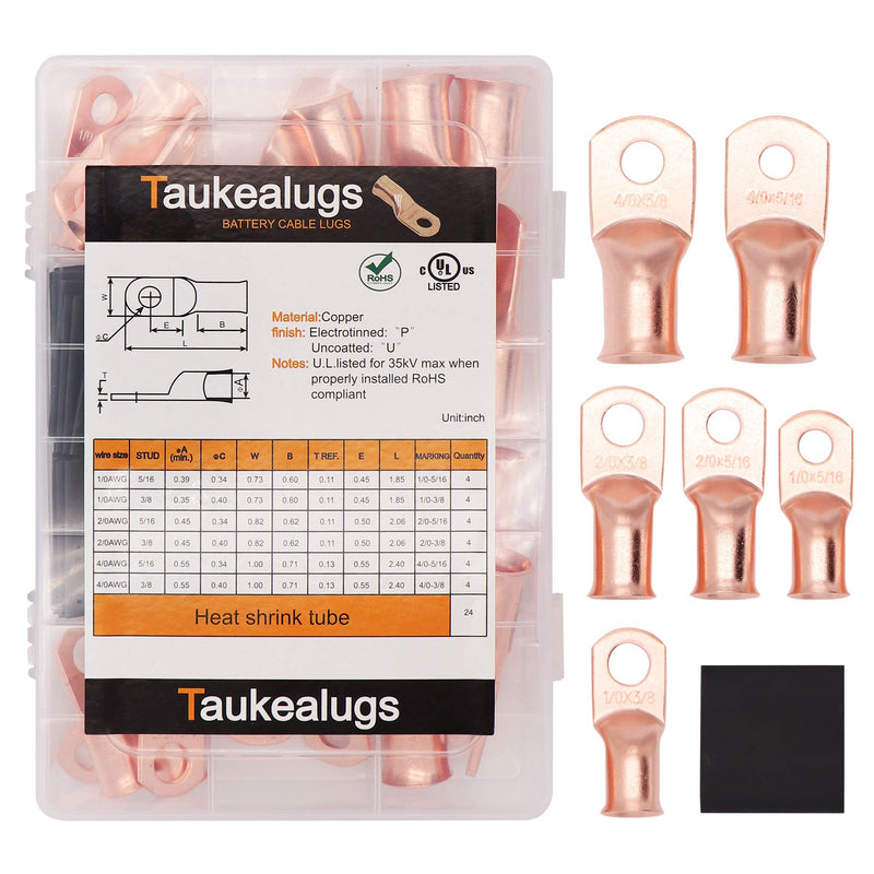 48PCS Battery Cable Copper Wire Lugs Ends 1/0 2/0 4/0 Gauge 5/16 3/8, Crimp Ring Terminal Connectors with Heat Shrink Tubing Assortment Kit AWG1/0~4/0