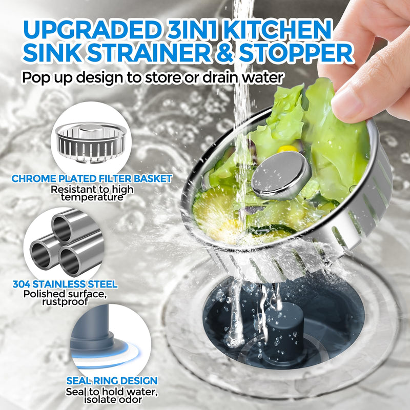 Upgraded 3 in 1 Kitchen Sink Drain Strainer & Sink Stopper, Stainless Steel Kitchen Drain Plug & Sink Installation Parts with Anti-Clogging Basket, Fit US Standard 3-1/2'' Sink Drain Hole Brushed Silver