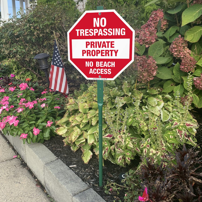 SmartSign 10 x 10 inch “No Trespassing - Private Property, No Beach Access” Octagon Yard Sign with 3 foot Stake, 40 mil Laminated Rustproof Aluminum, Red and White, Set of 1