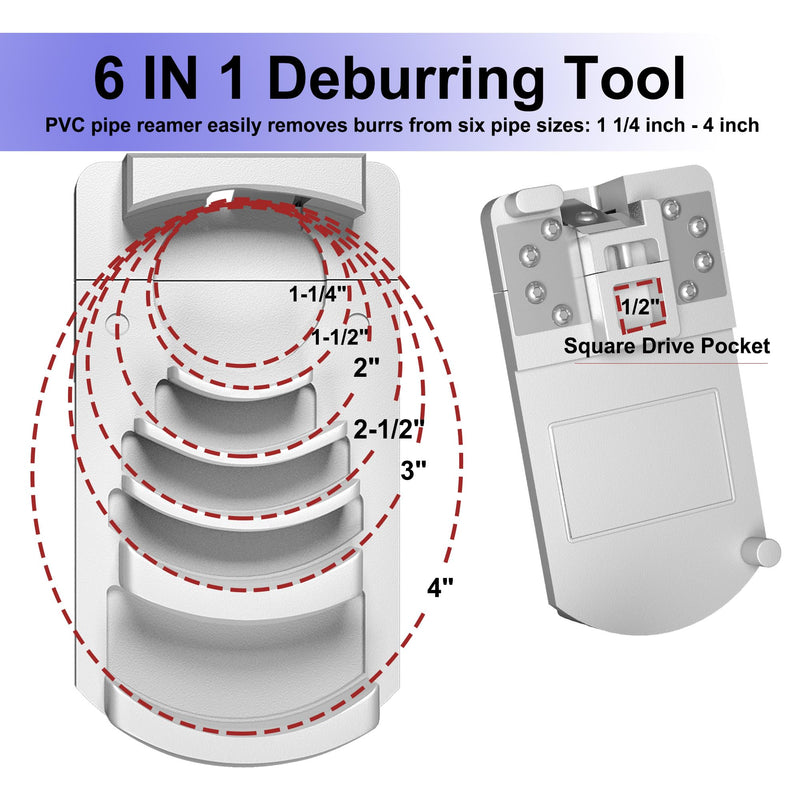 6 in 1 PVC Deburring Tool for Plastic Pipe Deburring Tool, PVC Pipe Reamer Tools with Sizes: 1-1/4 to 4", Chamfer Tools for Plastic