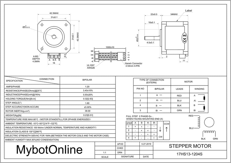 [Australia - AusPower] - Nema 17 Pancake Stepper Motor 45.33oz-in 34mm 1.2A Bipolar 1.8 Degree 4-Lead for 3D Printer XYZ Axis CNC Extruder 1.3" body length 45oz-in holding torque 