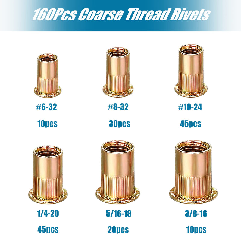 [Australia - AusPower] - 160Pcs Rivnuts Nutserts Kit, SAE Rivet Nuts Assortment UNC Threaded Riv Nut Sert, 1/4-20, 3/8-16, 5/16-18, 10-24, 8-32, 6-32 Carbon Steel SAE 