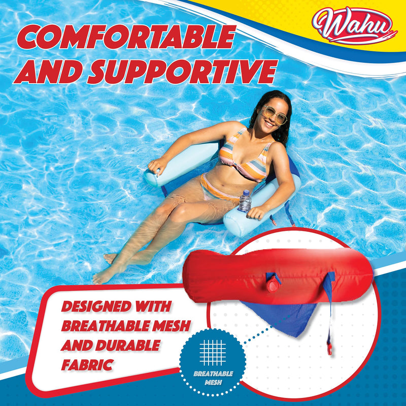 [Australia - AusPower] - WAHU Float Connex Aqua Pool Seat with Connex Clips, Cupholder, and Inflate Valve, Inflatable Pool Float Chair for Adults and Kids Ages 8+, Blue/Red 