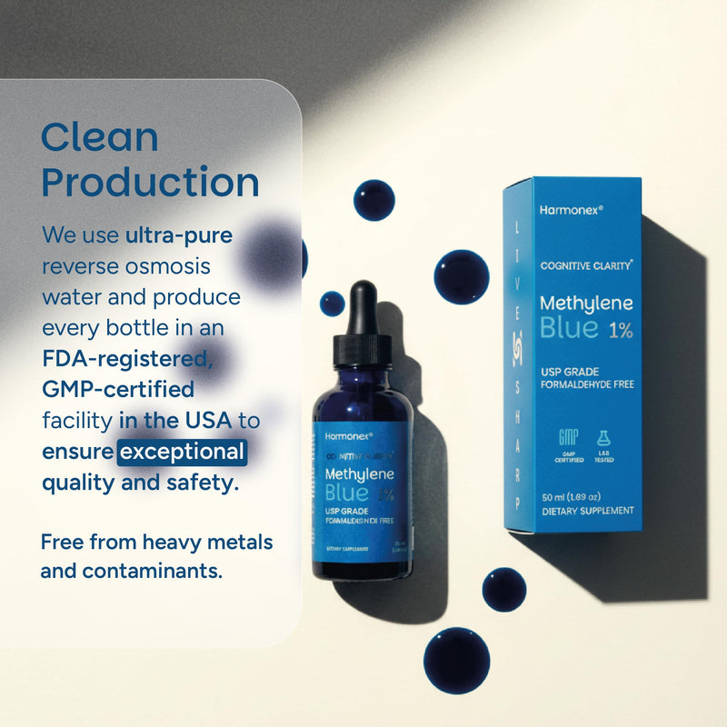 Methylene Blue Drops for Humans 1% USP Pharmaceutical Grade | Methylene Blue Supplement for Focus & Cellular Energy | Formaldehyde & Alcohol Free, Third-Party Tested, Made in USA, 50ml | Harmonex