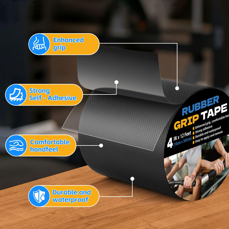 Rubber Grip Tape, 4 in x 12 Ft Black Ultra-Thin Strong Adhesive Non-Slip Tape, Anti-Slip Grip Tape for Handles, Waterproof Heat Resistant Cushion Grip, Comfortable in Hands 4 Inch x 12 Feet