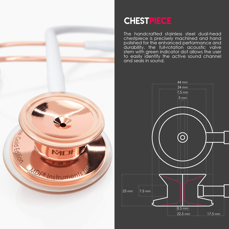 MDF Instruments, Rosegold MD One Stainless Steel Stethoscope, Adult, White Tube, Rosegold Chestpieces-Headset, MDF777RG29 Stainless Steel Rose Gold - White