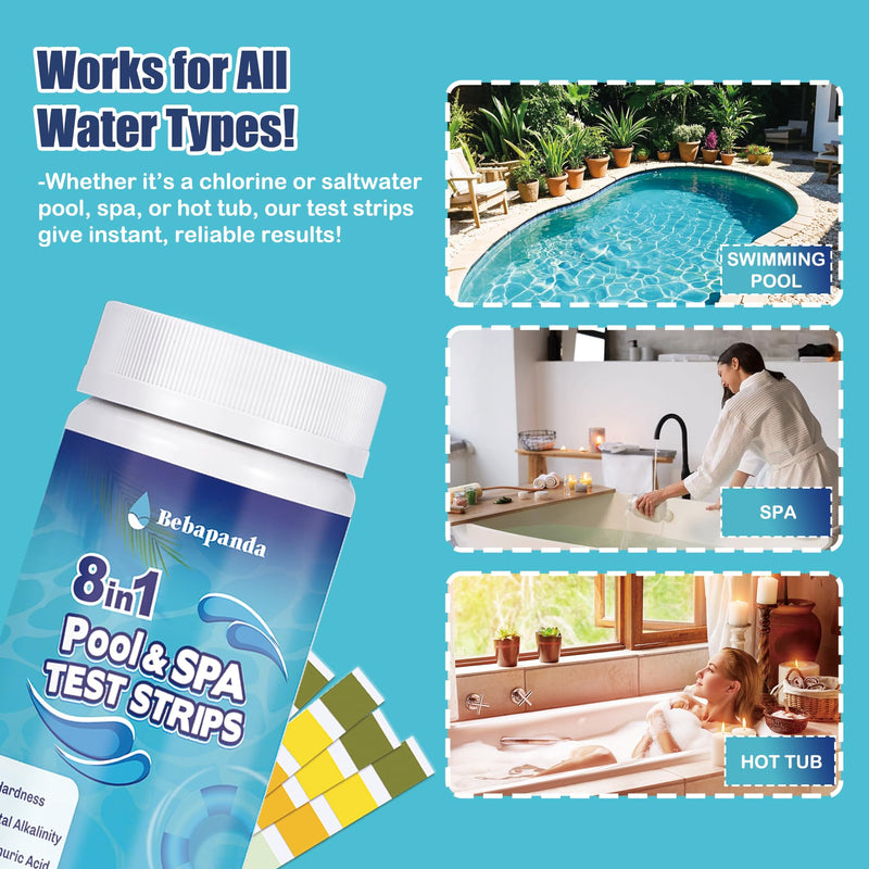 [Australia - AusPower] - 8-in-1 Pool Salt Test Strips: 150 Count Pool Test Strips for Salt Water Pool Hot Tub Spa Water Easy to Tests Salt, pH, Chlorine, Bromine, Alkalinity, Hardness, Cyanuric Acid 8IN1-150 