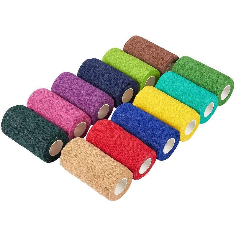 [Australia - AusPower] - Juvale 12 Rolls Colorful Self Adhesive Bandage Wrap 4 Inch Wide x 5 Yards - Cohesive Vet Tape for First Aid, Sports, Tattoo (12 Colors) 12 Count (Pack of 1) 