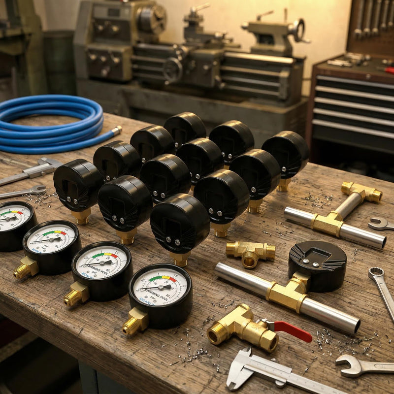 MEANLIN MEASURE 0~3Bar/0~40Psi Swimming Pool Pressure Gauge, 1/8 Inch BSP 2 Inch Face Dial for Pools, Hot Tubs, Fish Ponds, with 1/4 Inch BSP and 3/8 Inch BSP Hex Socket, Bottom Mounting 1/8"BSP Bottom mounted