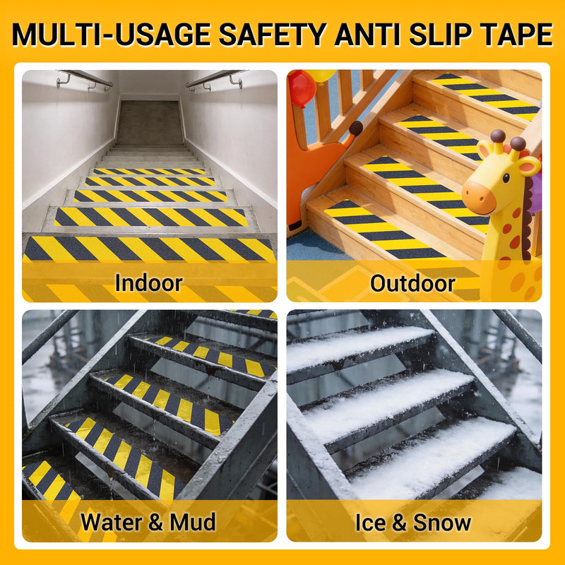 Anti Slip Tape, 4 Inch x 16 Ft Grip Tape for Stairs Outdoor/Indoor, Waterproof Non Skid Roll for Stair Treads Non Slip, High Traction Friction Abrasive Adhesive Stair Step, Caution Yellow/Black 4" x 16'