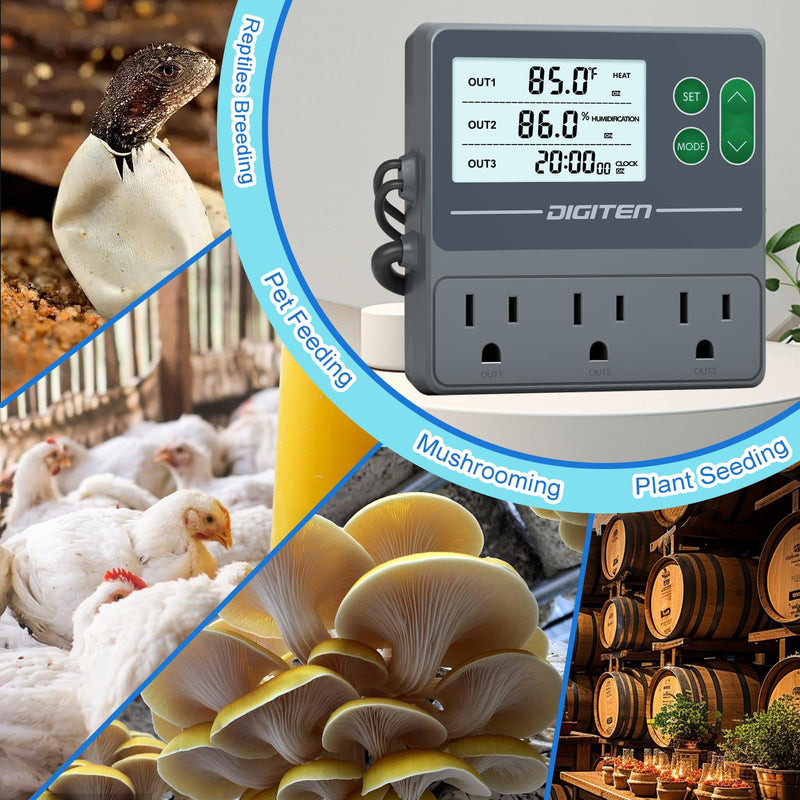 [Australia - AusPower] - DIGITEN Temperature and Humidity Controller with Timer - 3 Outlet, 2 Separate Probes, Plug in Temperature Controller for Reptiles,Snake, Mushrooms, Tent, Triple Control for Temp,Humidity,Time 