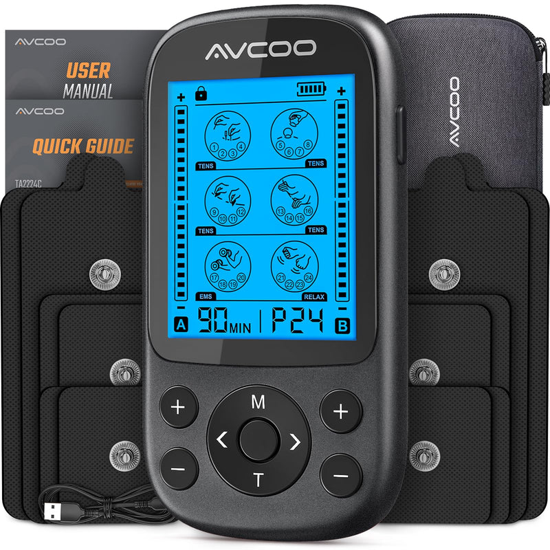 AVCOO 3-in-1 TENS Unit Muscle Stimulator, EMS Massager Machine with 24 Modes & 40 Levels for Shoulder, Back, Neck, Sciatica Pain Relief, Portable-Size Electronic Pulse Massager with 12 Pads, EVA Case