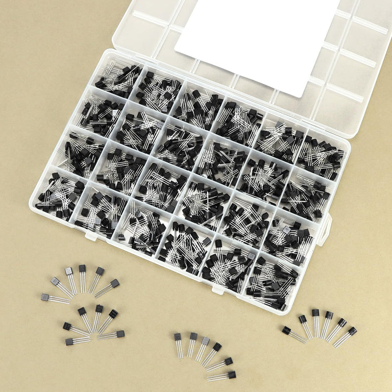 QWORK 600pcs (24 values) Transistor Assortment PNP NPN Transistors - A1015 A733 C1815 C945 BC327 BC337 BC557 2N2222 2N2907 2N3904 2N3906 2N5400 1 2N511551 S9012 S9013 S9014 S9015 S9018 S8050 S8550