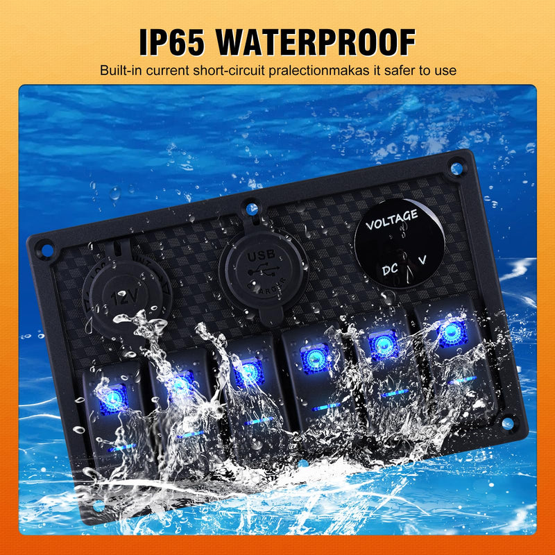 Marine Boat Switch Panel Waterproof,6 Gang Rocker Switch Panel 12V/24V with 3.1A Dual USB Charger 15A Fuse On-Off Blue LED Light Toggle Switch Also Suitable for Automotive Car RV UTV Truck Plastic-LED blue 6 gang
